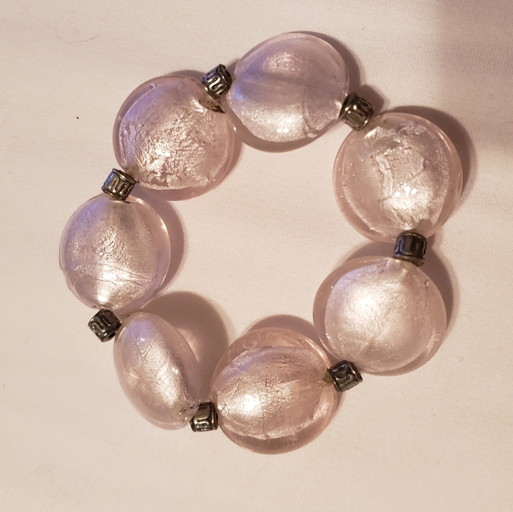 Elegant Pink & Silver Crystal Beaded Bracelet Stretchy Vintage